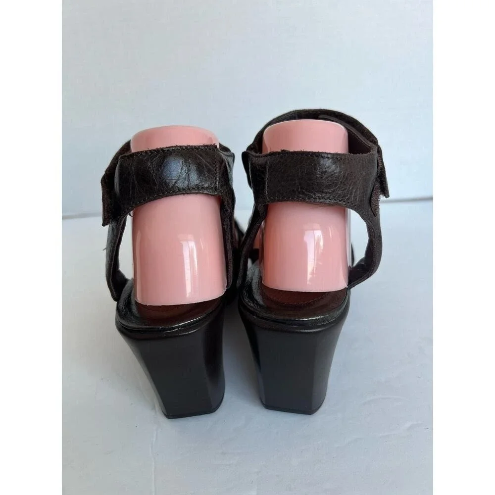 NAOT FLIRT Ankle T-strap Platform Wedge Heels Sandals Brown Leather Sz‎ 10 - 41